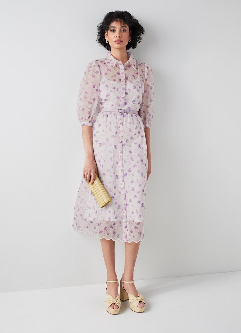 【LK BENNETT】モンタナ シルク フィット&フレア ドレス Frink White and Purple Weavers Print Silk Organza Dress