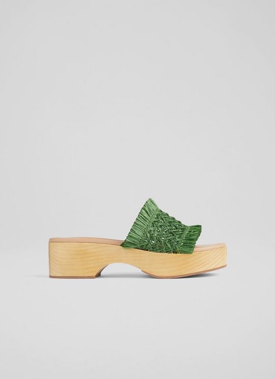 L.K.Bennett Janae Green Raffia Wooden Flatforms, Green