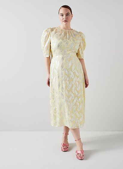 Glinda Cream Silk and Metallic Silver Dress Yellow, Yellow