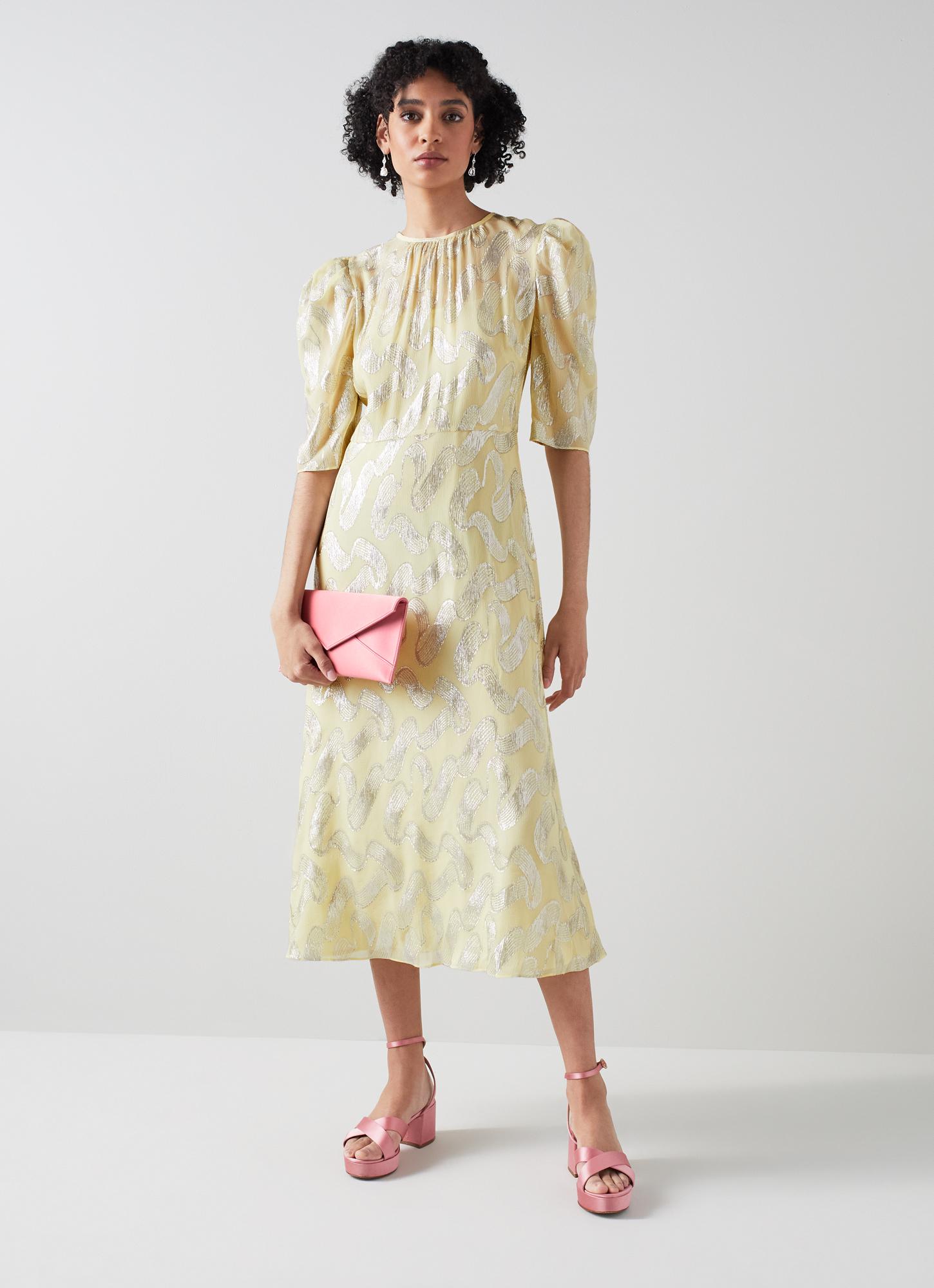 Glinda Cream Silk and Metallic Silver Dress The Archive Sale L.K.Bennett London