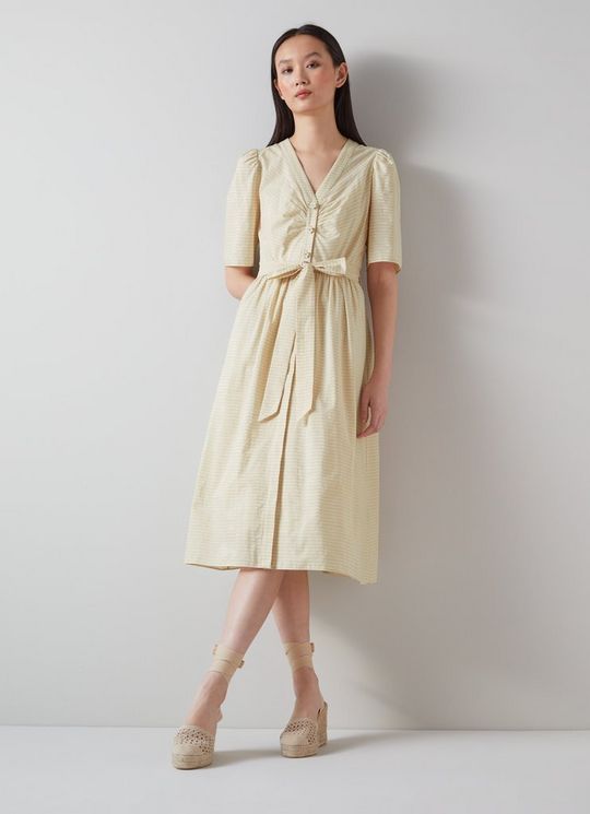 L.K.Bennett Hendrick Beige and Silver Stripe Cotton Dress, Cream