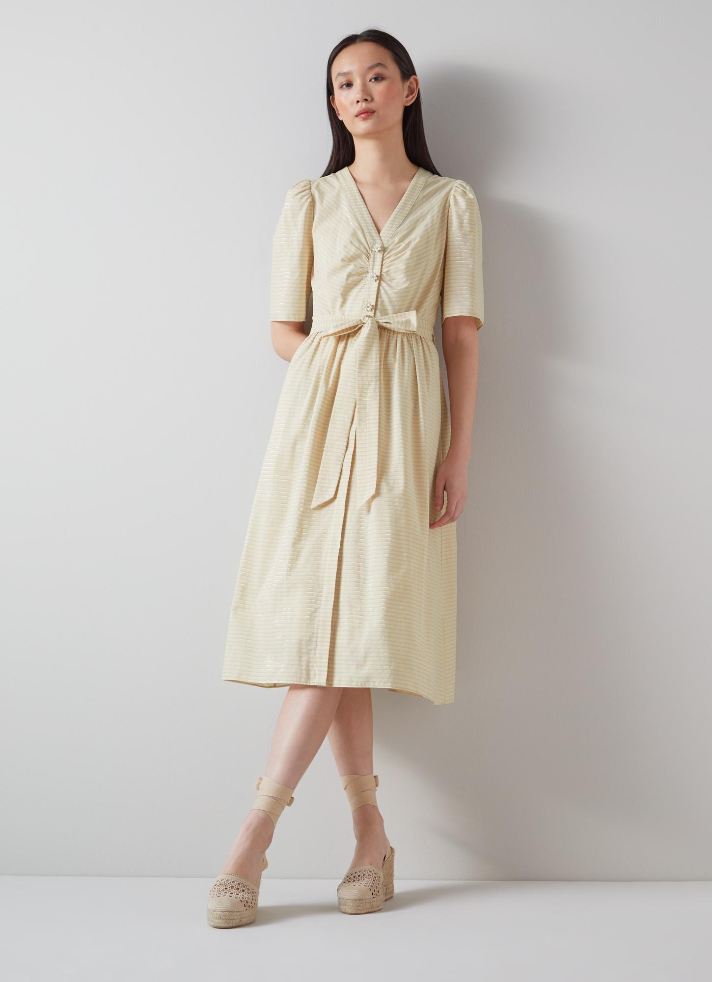 L.K.Bennett Hendrick Beige and Silver Stripe Cotton Dress, Cream