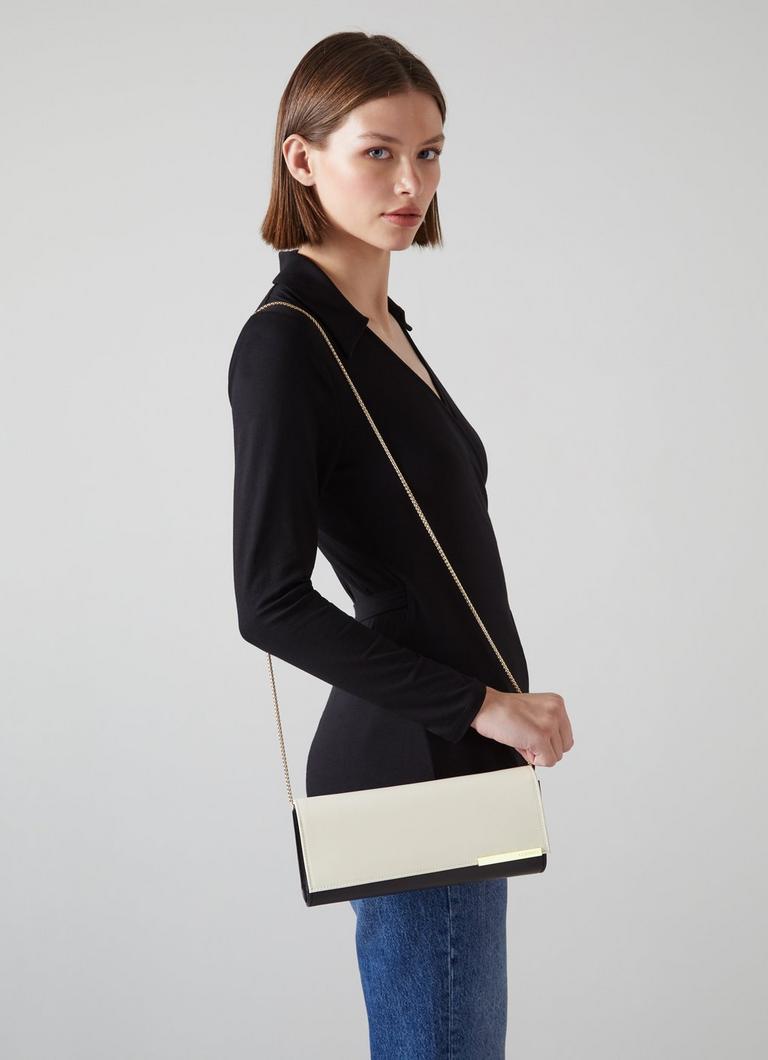 Black leather clutch sales bag with chain