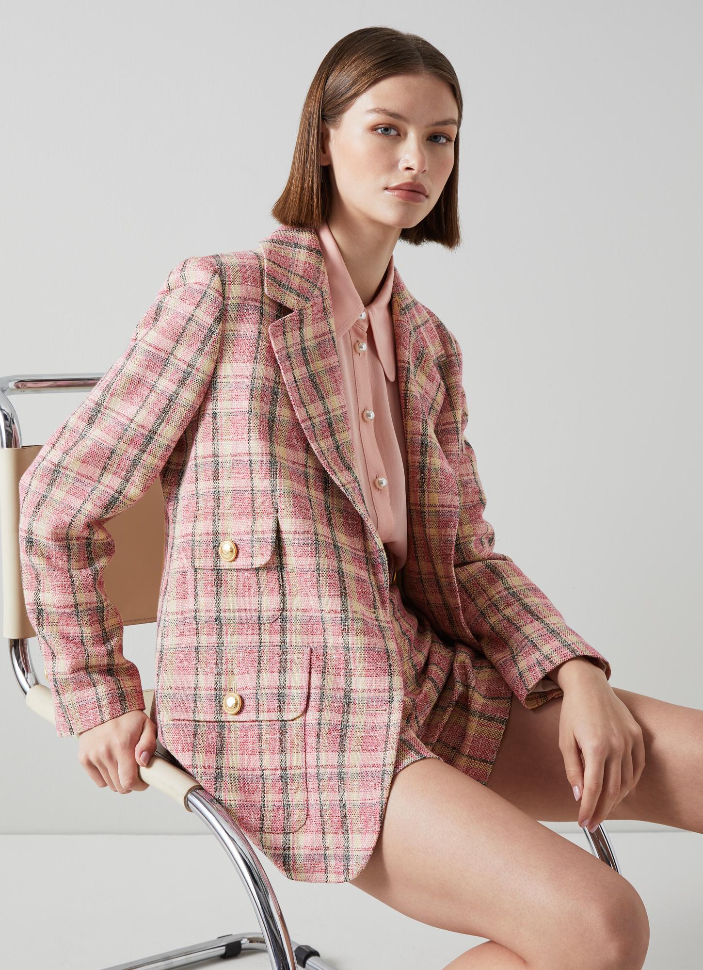 Eliza Pink Cotton-Raffia Blend Check Tweed Jacket | Sale