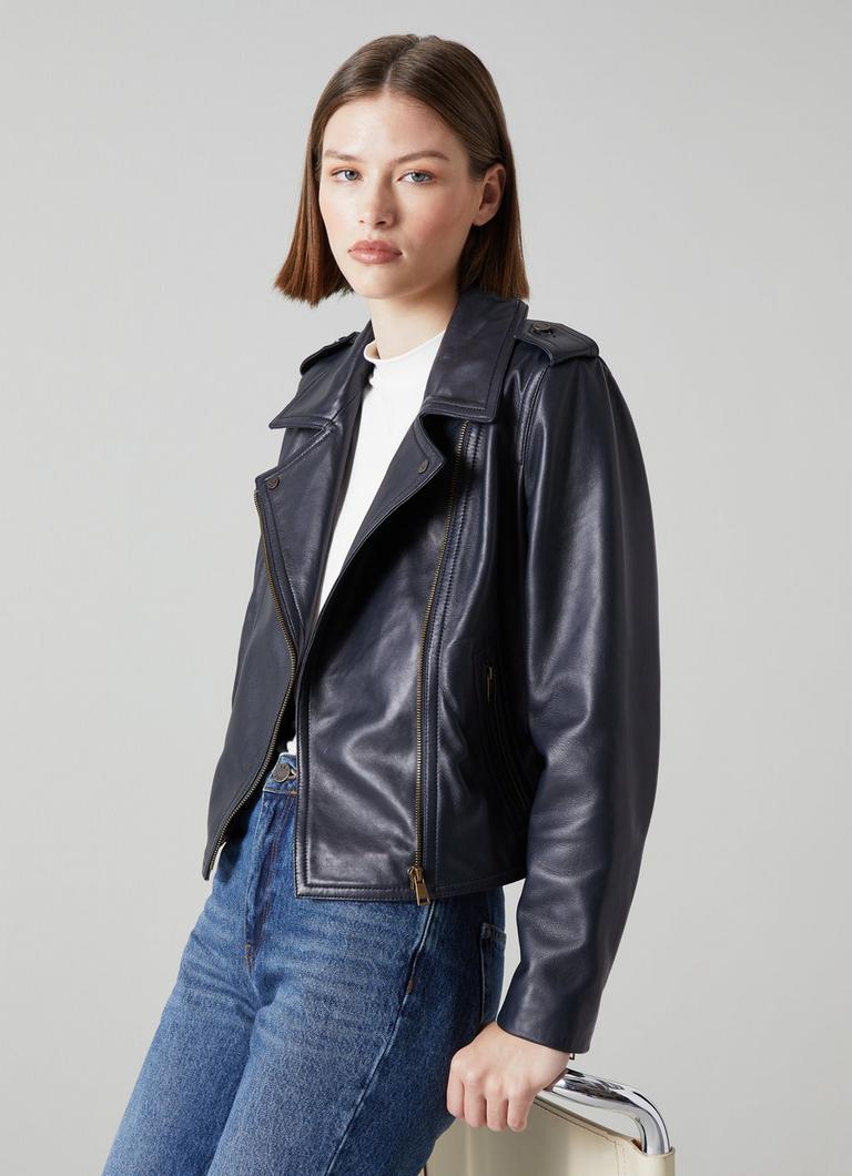 Ernst Navy Leather Biker Jacket Coats Jackets Clothing