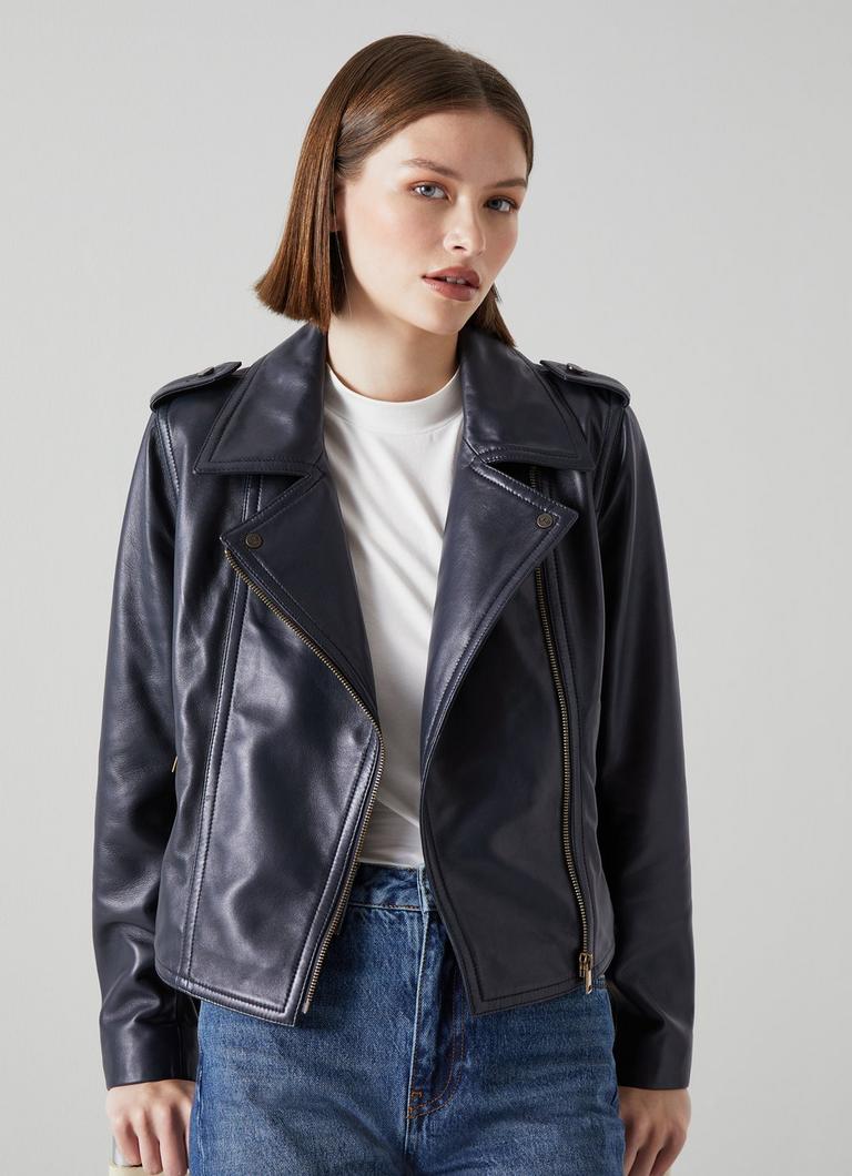 Navy leather biker jacket uk best sale
