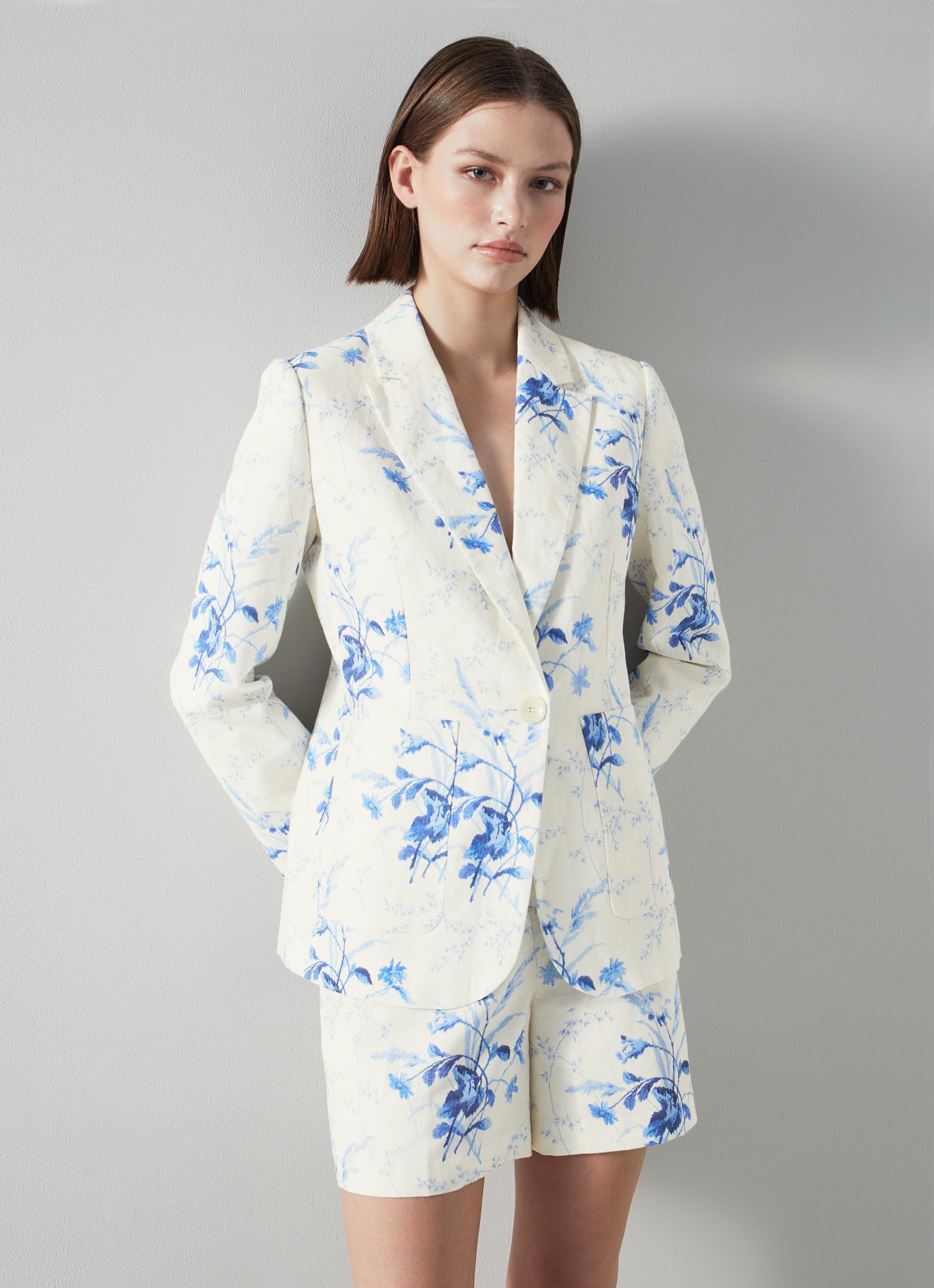 Fleur Blue and White Linen-Cotton Meadow Scene Blazer Sale