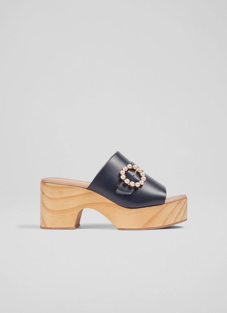 Jojo Navy Leather Wooden Flatforms Sale Collections L.K.Bennett London