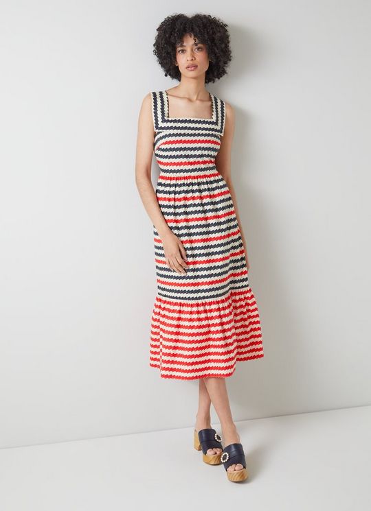 L.K.Bennett June Blue Red and Cream Wavy Stripe Cotton Dress, Multi