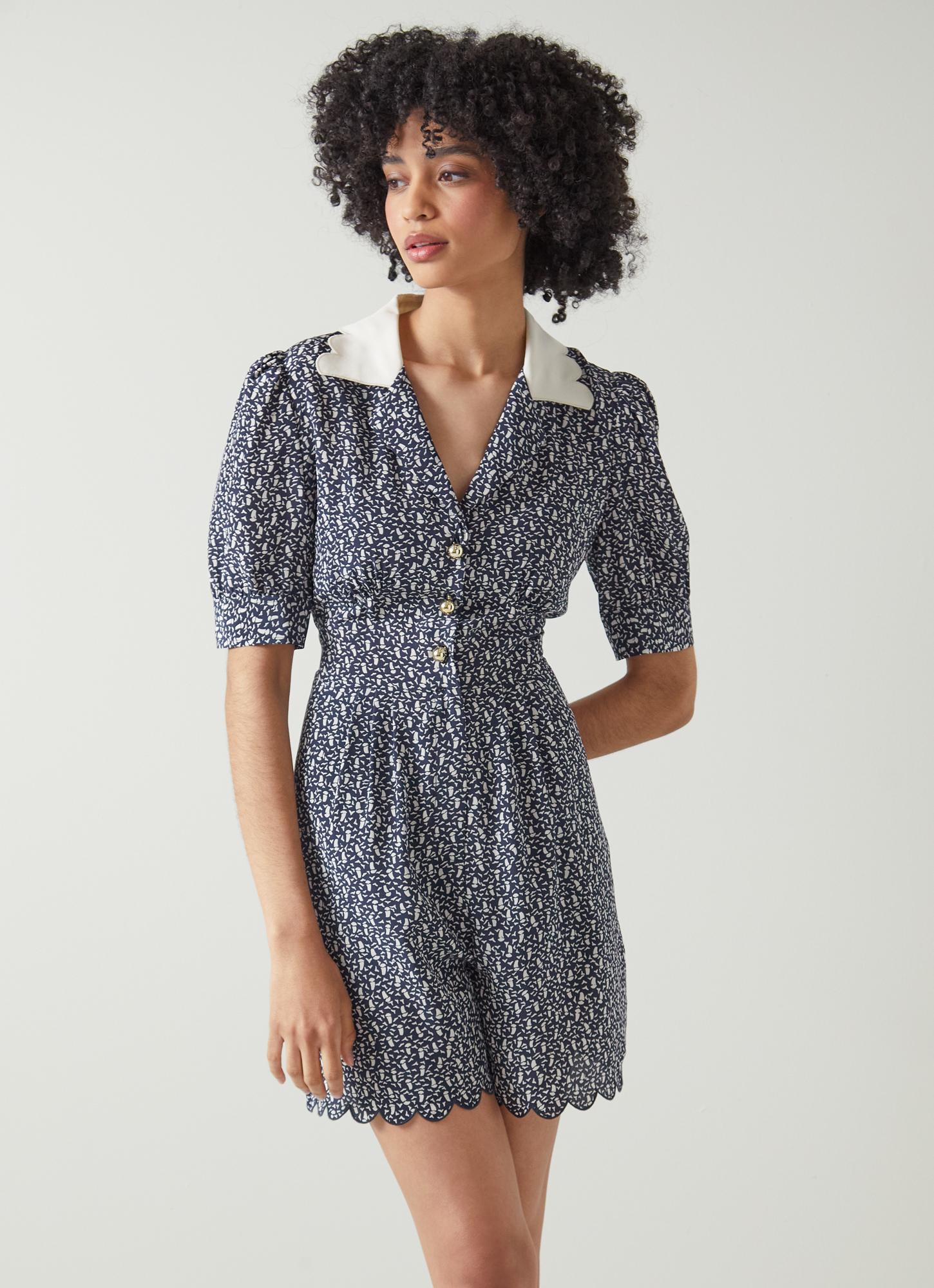 Lita Navy and Cream Sail Boat Print Silk Playsuit