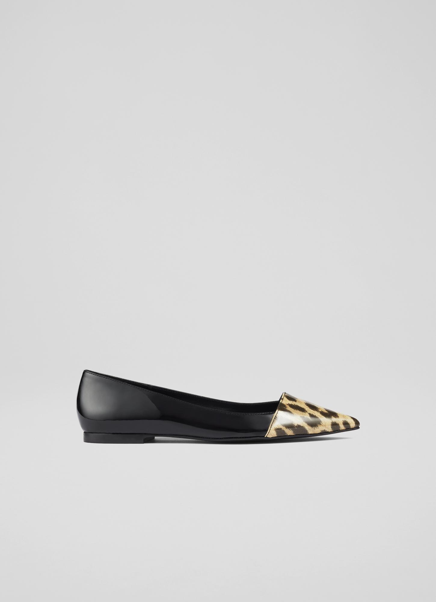 Murphy Leopard Vinyl and Black Patent Pointed Flats, Leopard