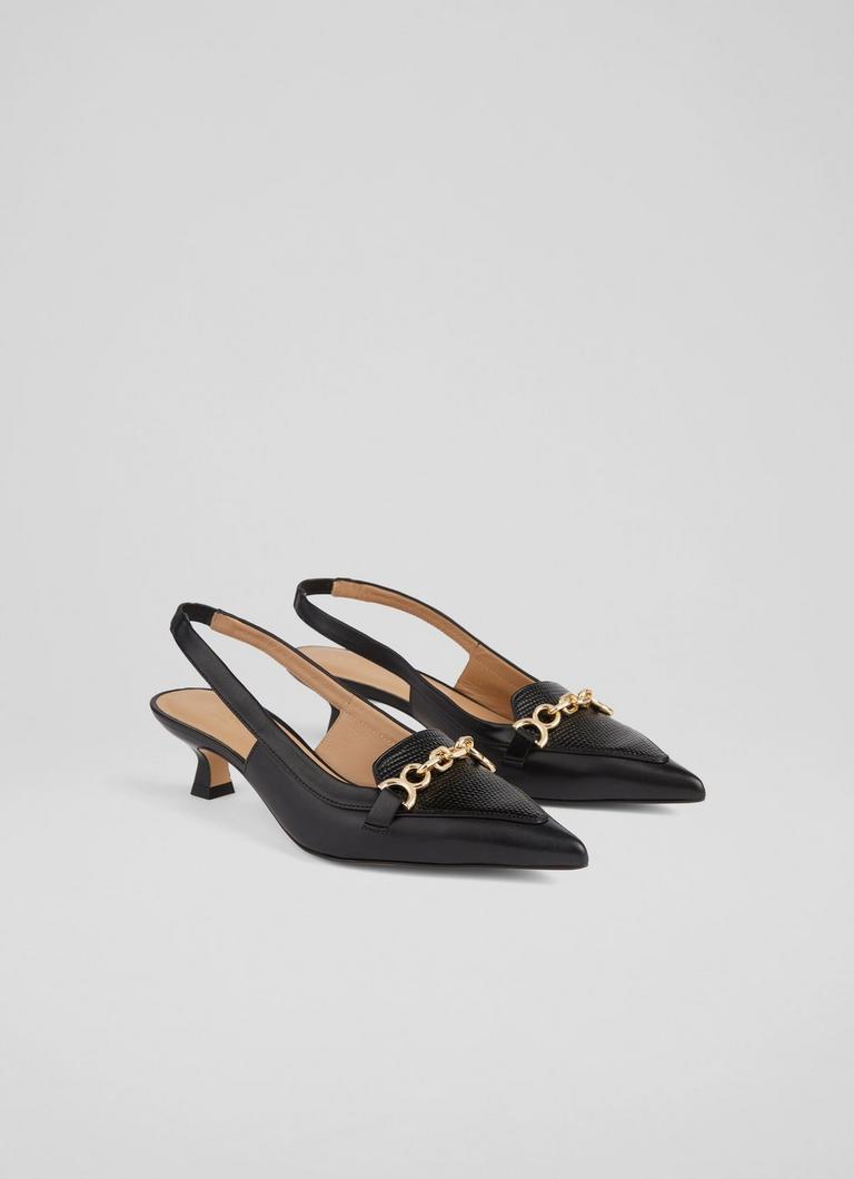 Reagan Black Lizard Effect Leather Kitten Heel Slingbacks Sale