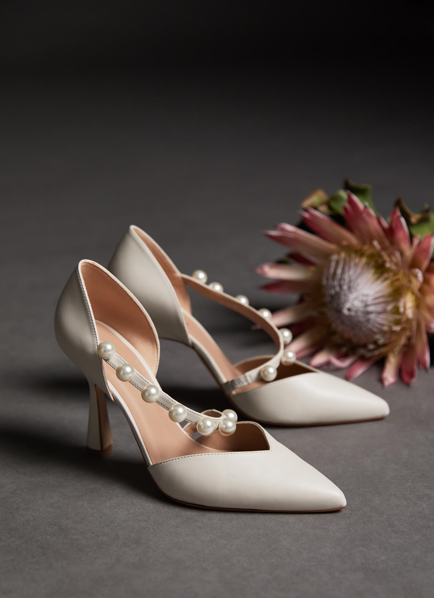 Zelda Ivory Leather Pearl Trim Wedding Shoes White, White