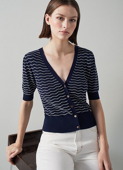 Pearl Navy and White Cotton Wave Ribbed Cardigan White Navy, White Navy