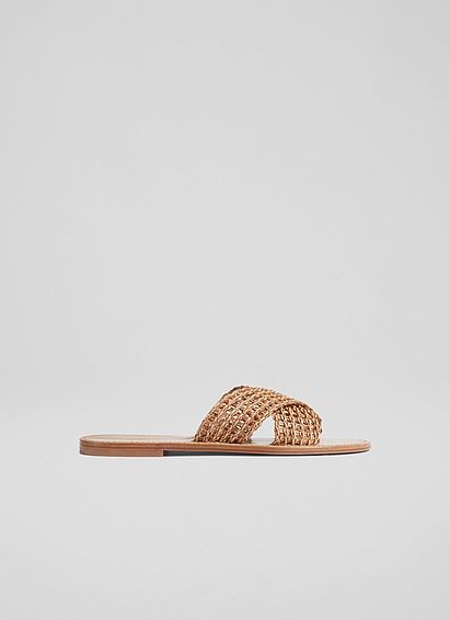 Ren Tan Leather and Gold Fabric Woven Flat Mules, Tan