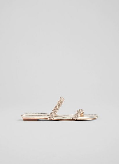 Ria Gold Leather and Crystal Plaited Flat Sandals, Gold