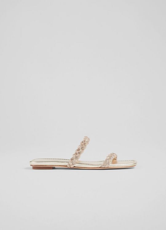 L.K.Bennett Ria Gold Leather and Crystal Plaited Flat Sandals, Gold
