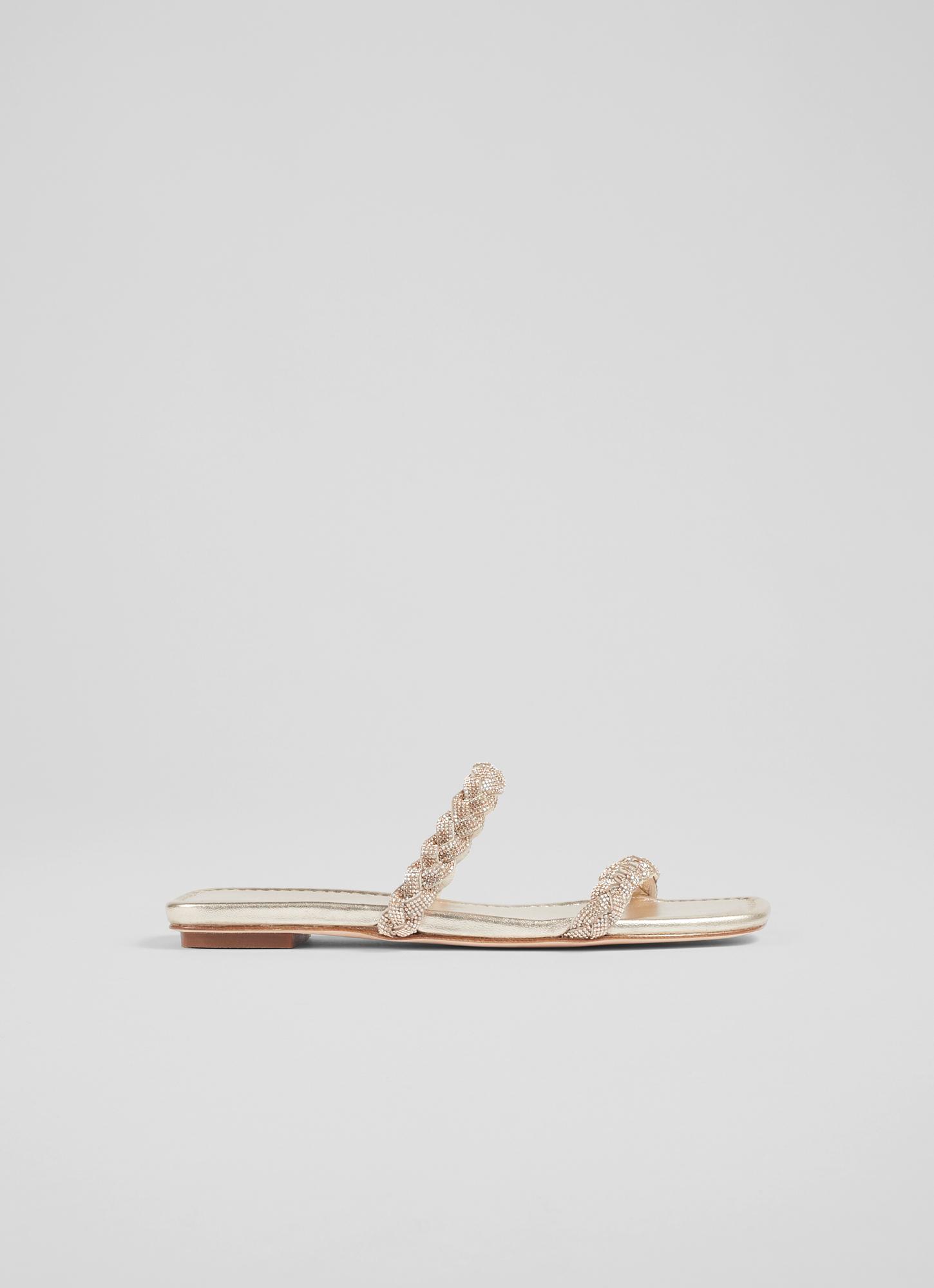 L.K.Bennett Ria Gold Leather and Crystal Plaited Flat Sandals, Gold