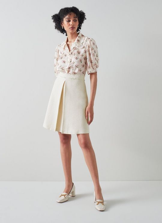 L.K.Bennett Ada Cream and Silver Recycled Cotton Tweed Skirt Cream Silver, Cream Silver
