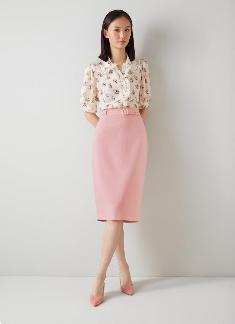 Perdy Pale Pink Recycled Crepe Pearl Button Pencil Skirt Sale