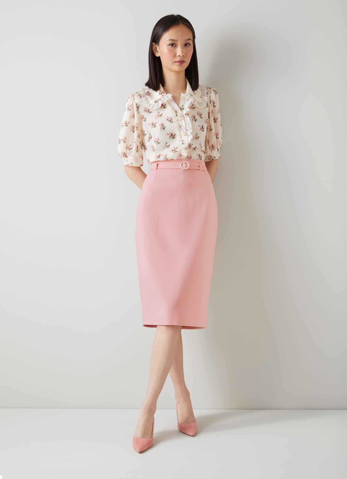 L.K.Bennett Perdy Pale Pink Recycled Crepe Pearl Button Pencil Skirt, Potpourri
