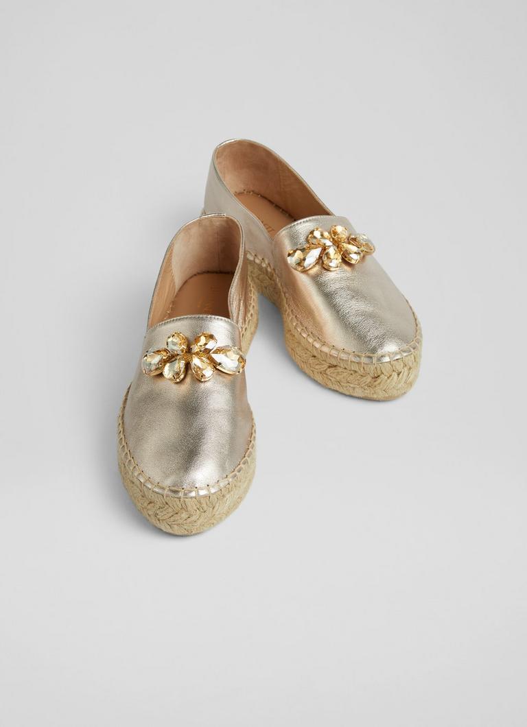 Talisa Gold Leather Embellished Flatform Espadrilles Sale