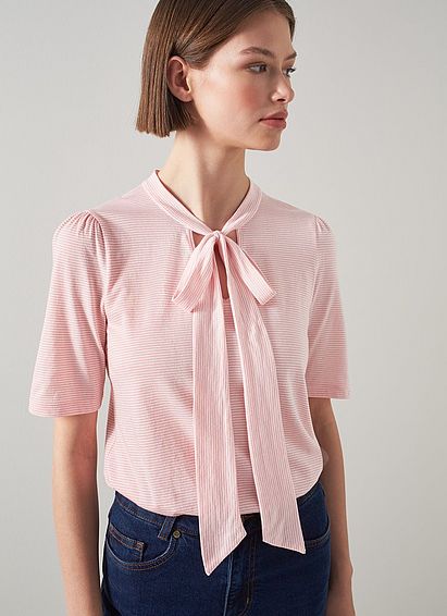 Cali Pink and Ivory Fine Stripe Bow Detail T-Shirt Dusty Pink Ivory, Dusty Pink Ivory