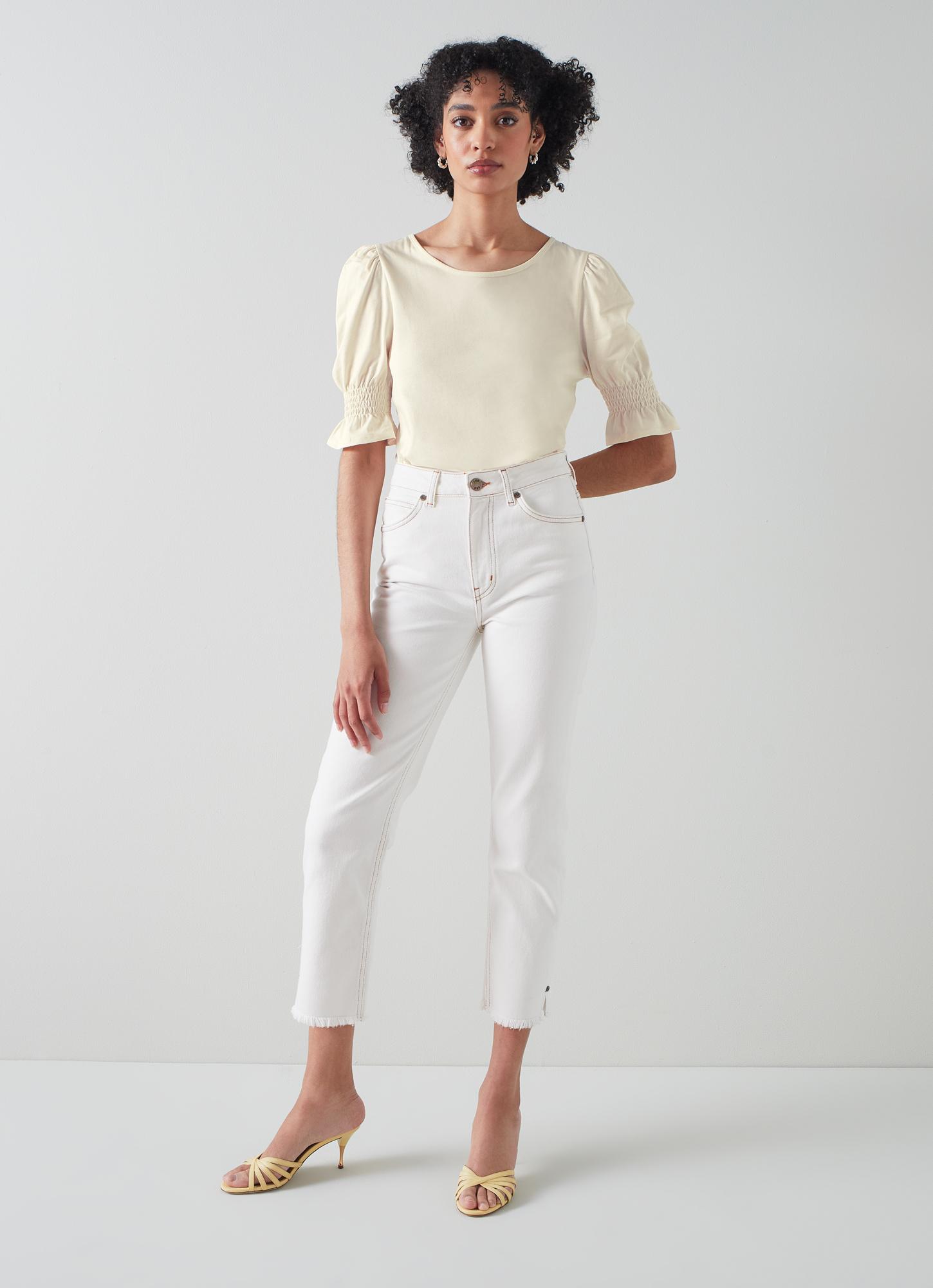 L.K.Bennett Emily Cream Modal-Cotton Shirred Sleeve Top, Birch