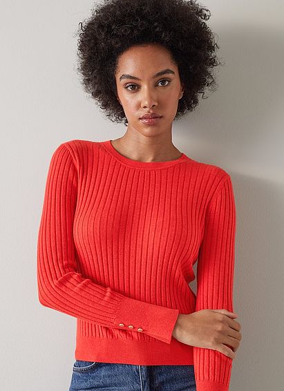 Daisy Red Merino-Cotton Blend Ribbed Jumper Apple Red, Apple Red