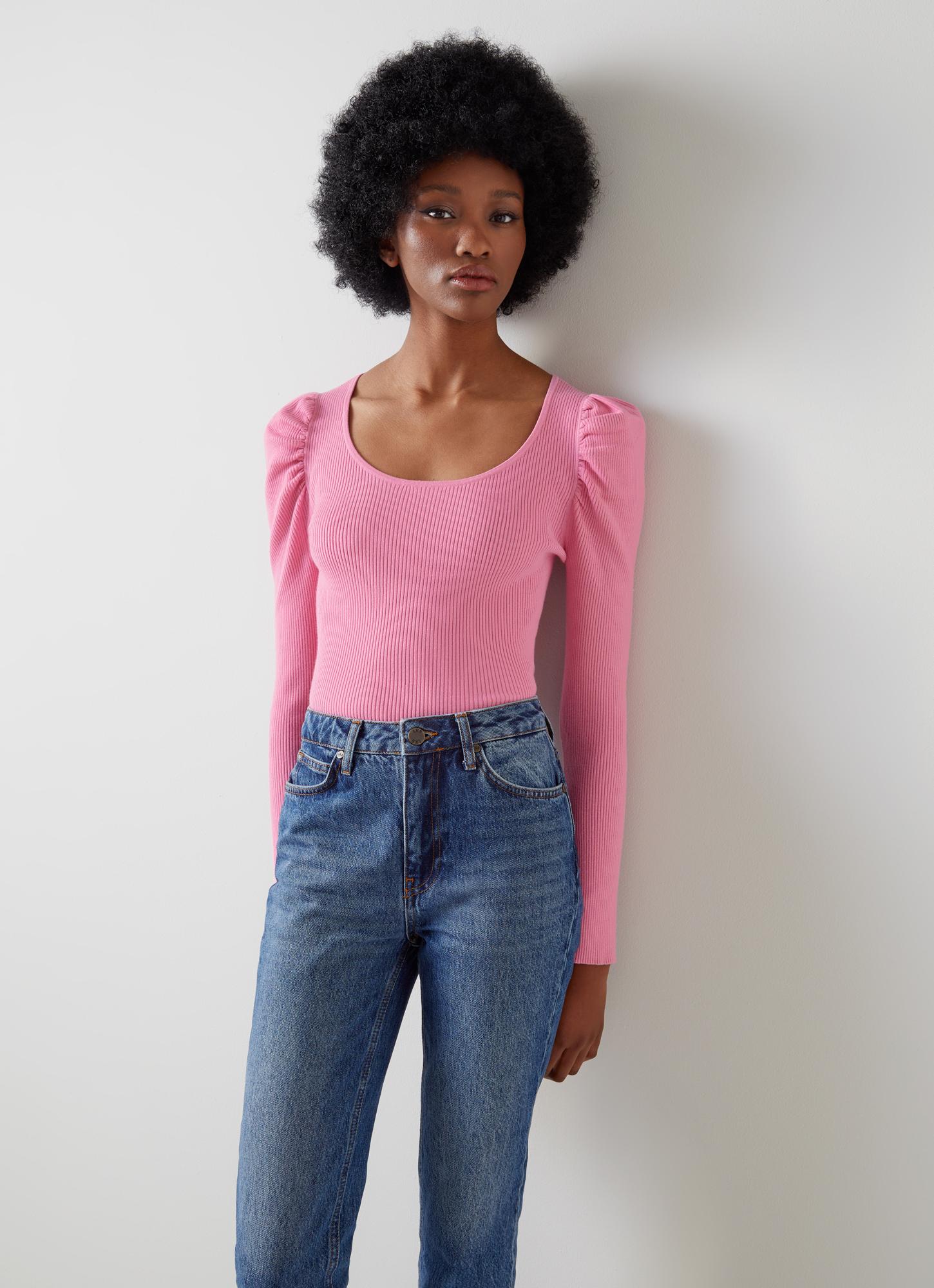 Rita Pink  Ribbed Scoop Neck Top with LENZING ECOVERO viscose Bright Pink, Bright Pink