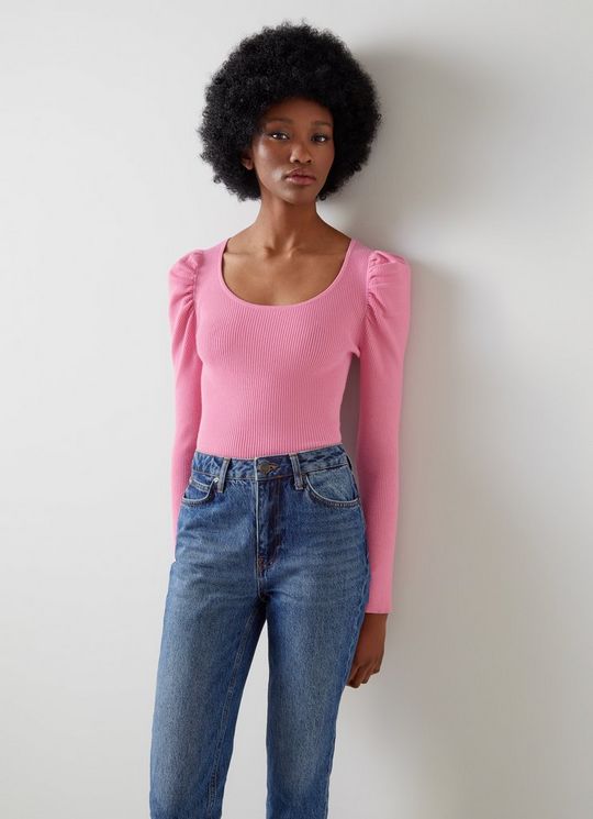 L.K.Bennett Rita Pink  Ribbed Scoop Neck Top with LENZING ECOVERO viscose, Bright Pink
