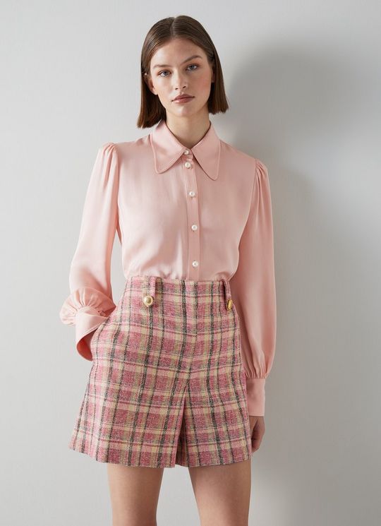 L.K.Bennett Eliza Pink Cotton-Raffia Blend Check Tweed Shorts, Pink Multi