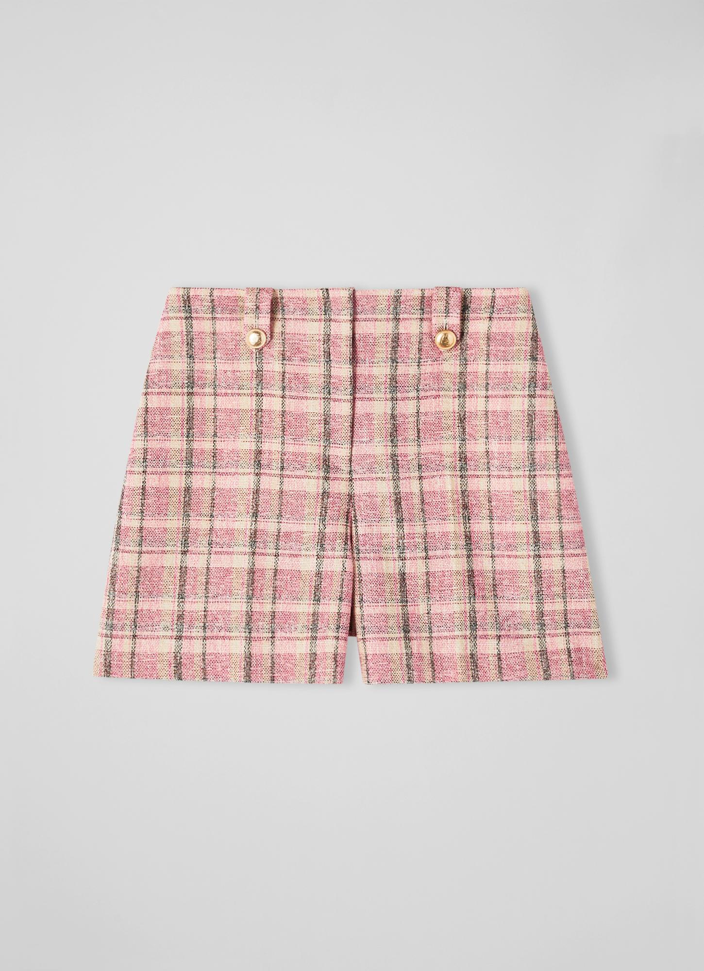 Eliza Pink Cotton-Raffia Blend Check Tweed Shorts | Sale