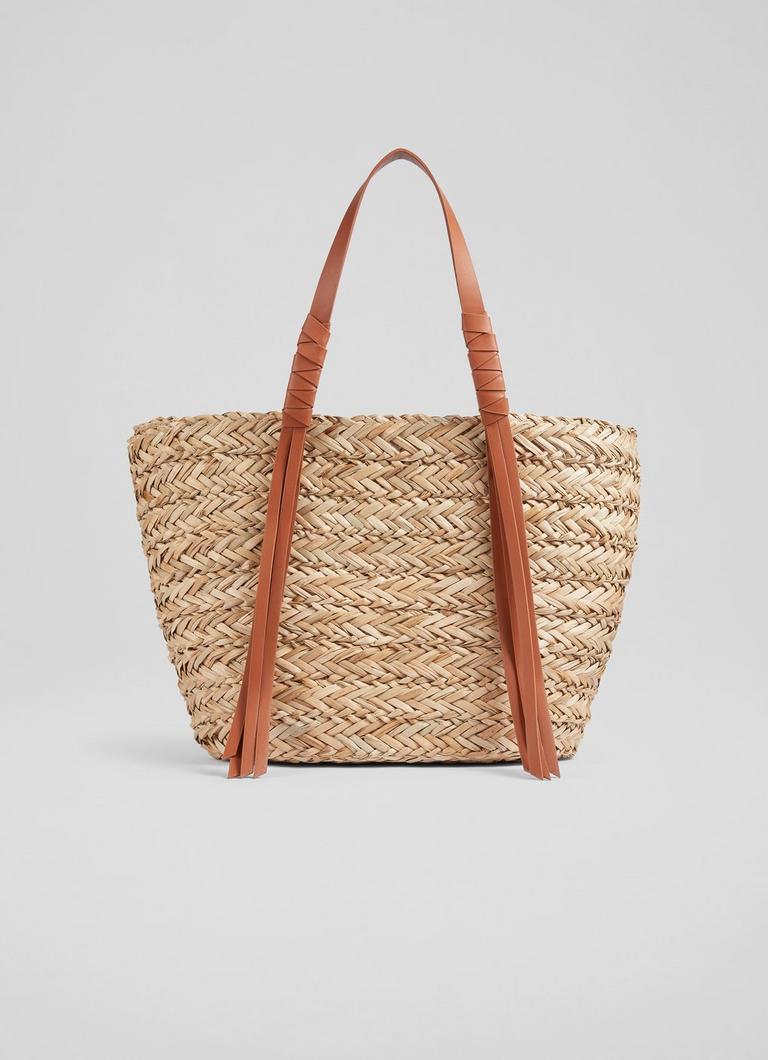 Violetta Tan Leather Tassel Straw Bag Tote Bags Handbags