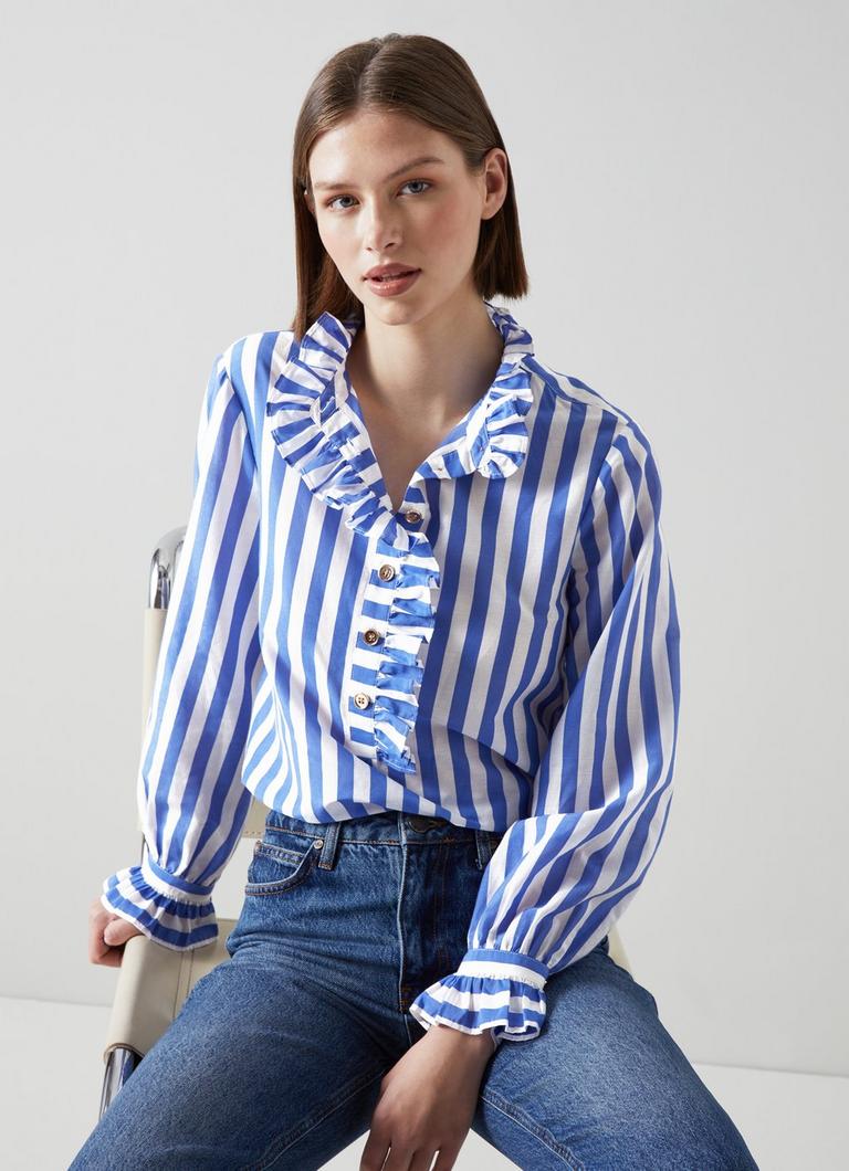 Blue and online white ruffle top