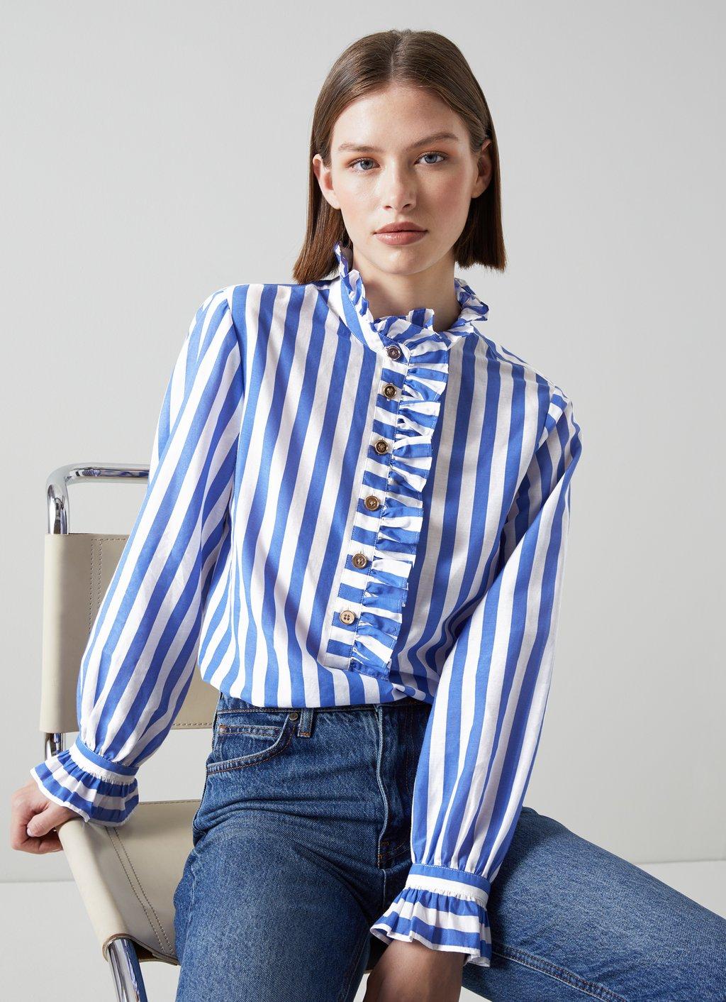 BLUE AND WHITE STRIPE RUFFLE SHIRT +  SLINGBACKS