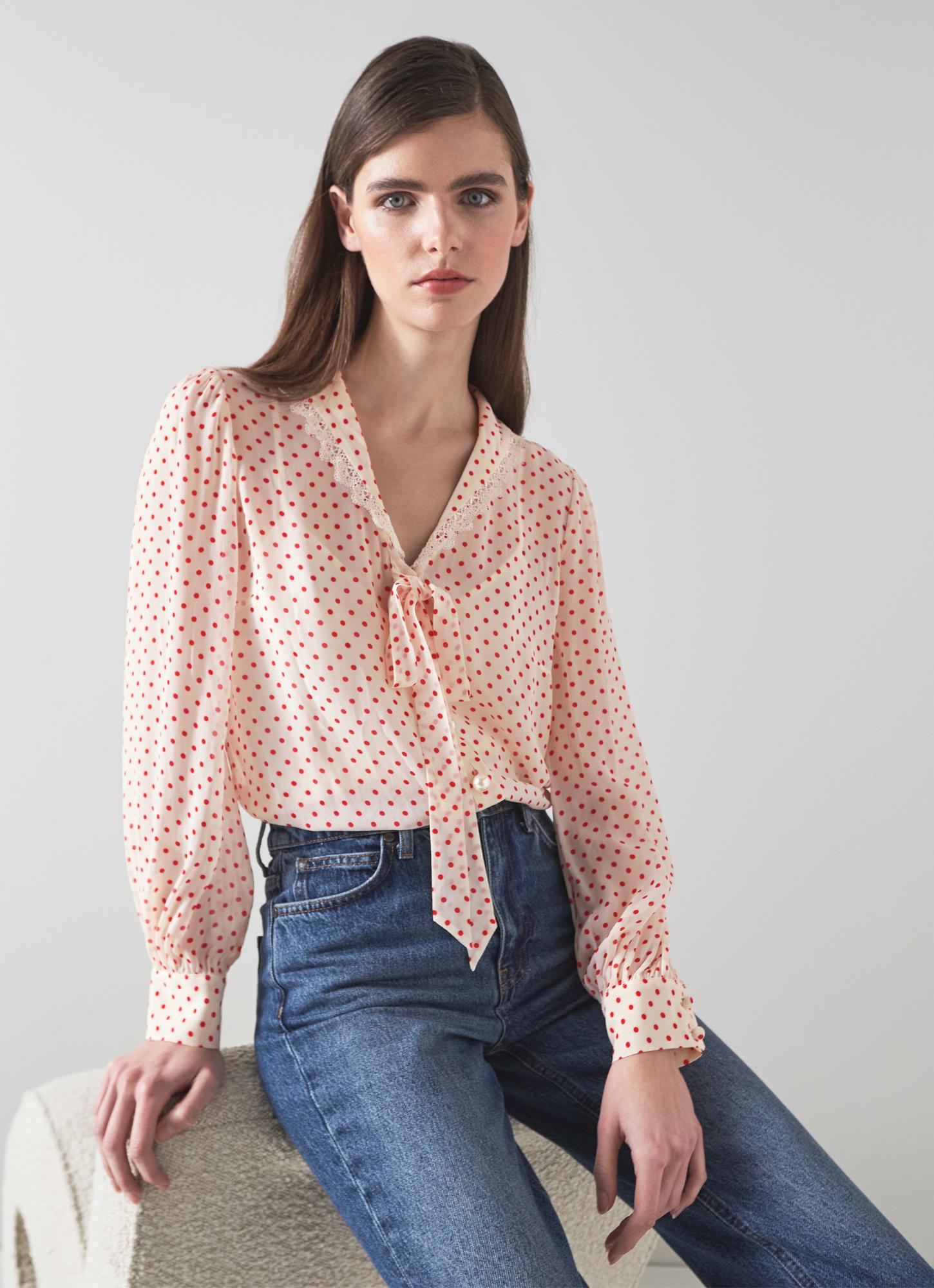 Hilde Cream And Red Spot Tie Front Blouse | Sale | Collections