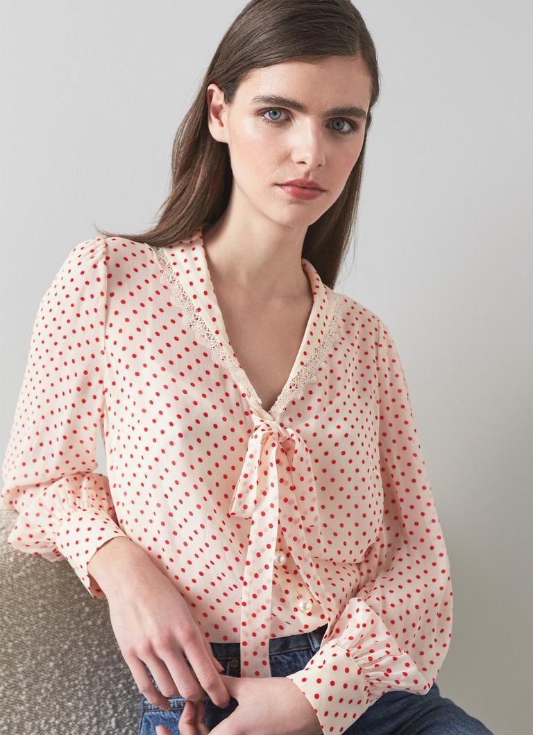 Hilde Cream And Red Spot Tie Front Blouse Sale Collections L.K.Bennett London