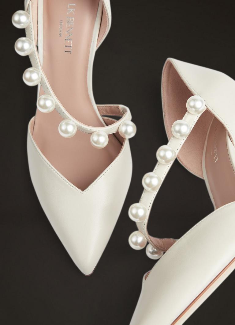 Zelda Ivory Leather Pearl Trim Wedding Shoes Mid Heel