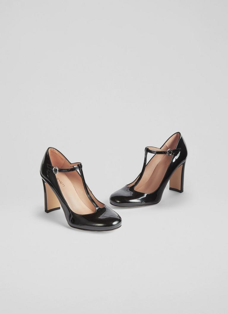Black patent t bar top heels