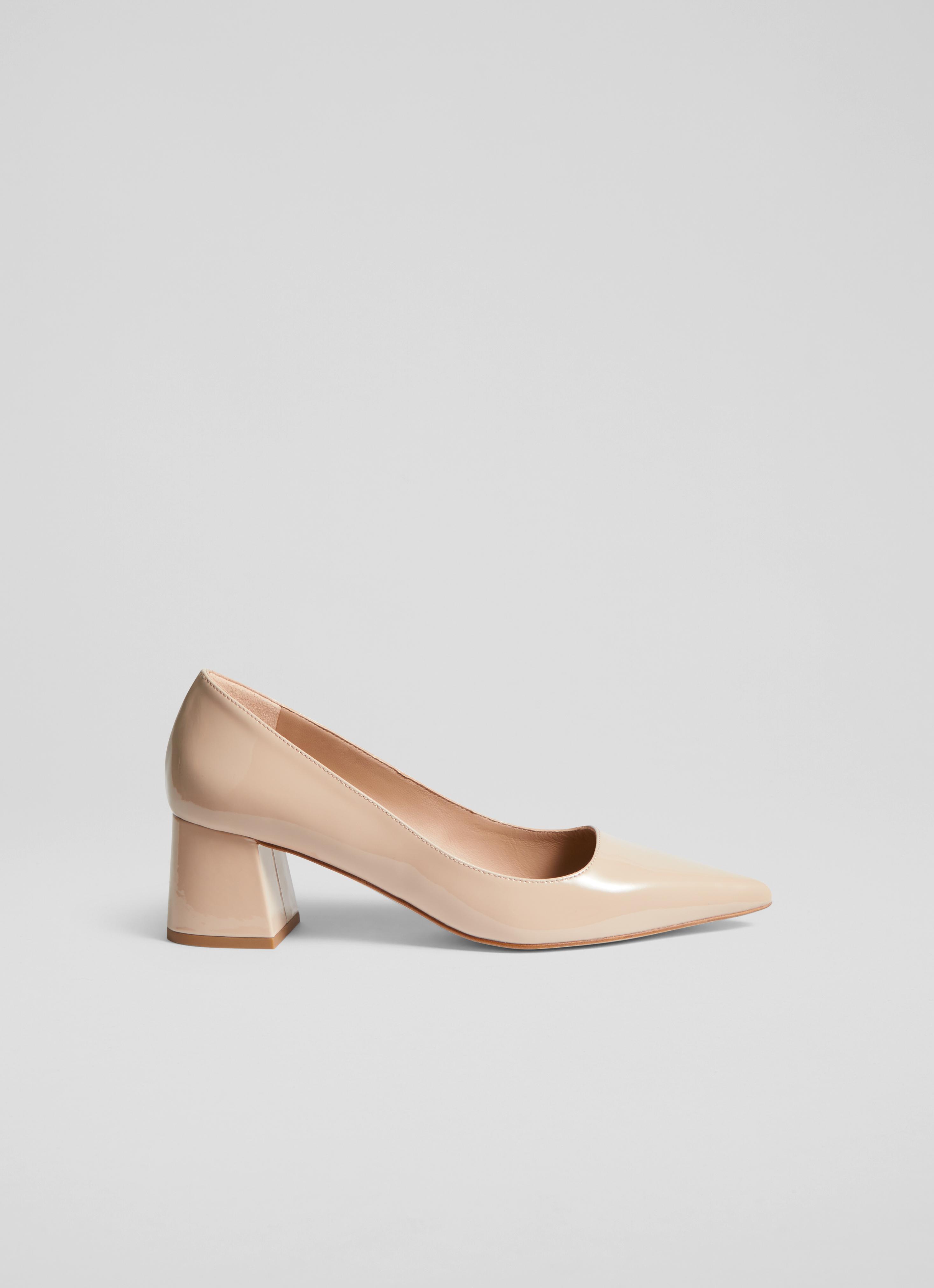 Sloane Beige Patent Leather Block Heel Courts Shoes