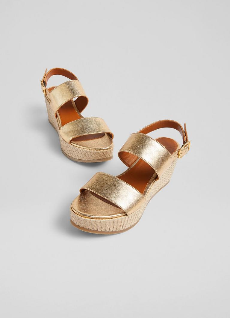 Adriana Gold Leather Raffia Wedges Shoes Sale Collections L.K.Bennett London