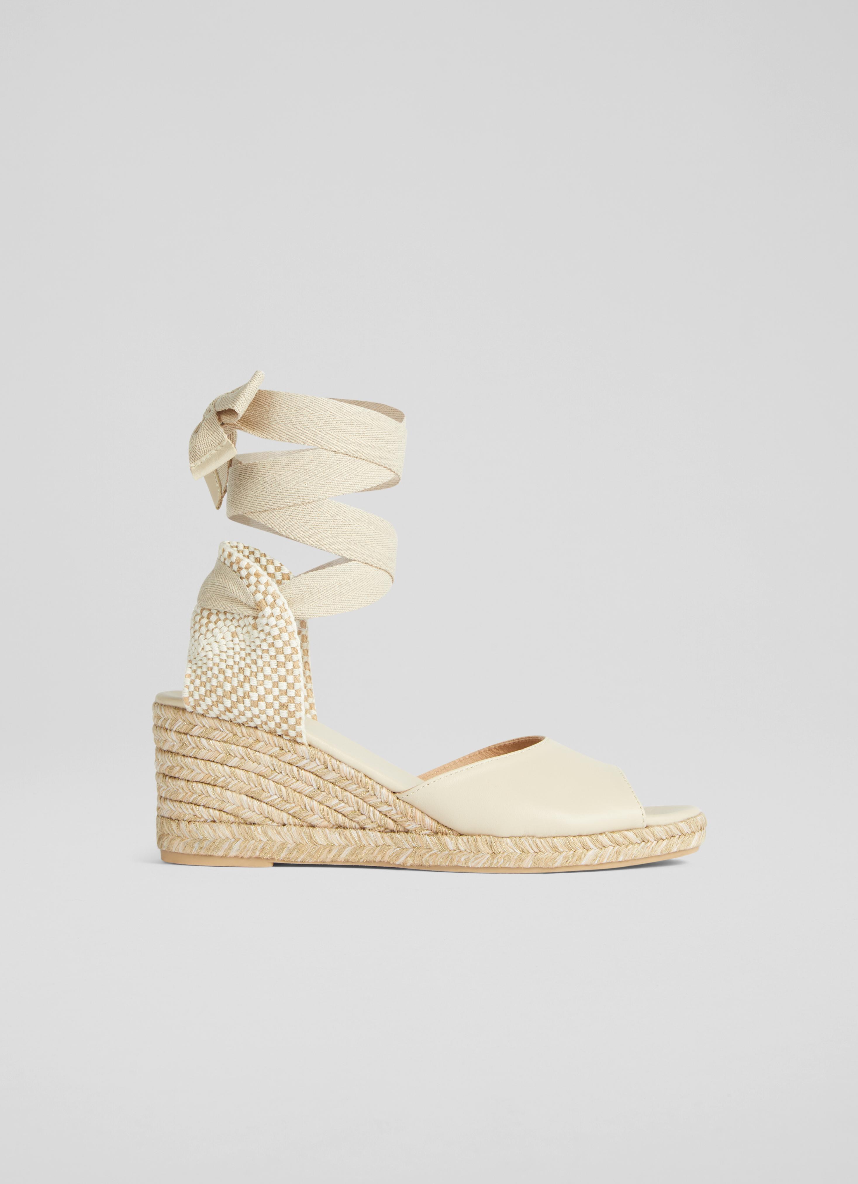 Marianne Cream Leather Open Toe Espadrille Wedges Sale