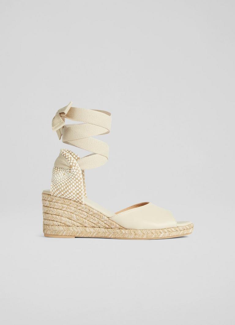 Marianne Cream Leather Open Toe Espadrille Wedges Sale
