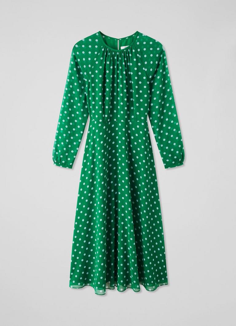 Addison Green And Blue Spot Print Midi Dress Clothing
