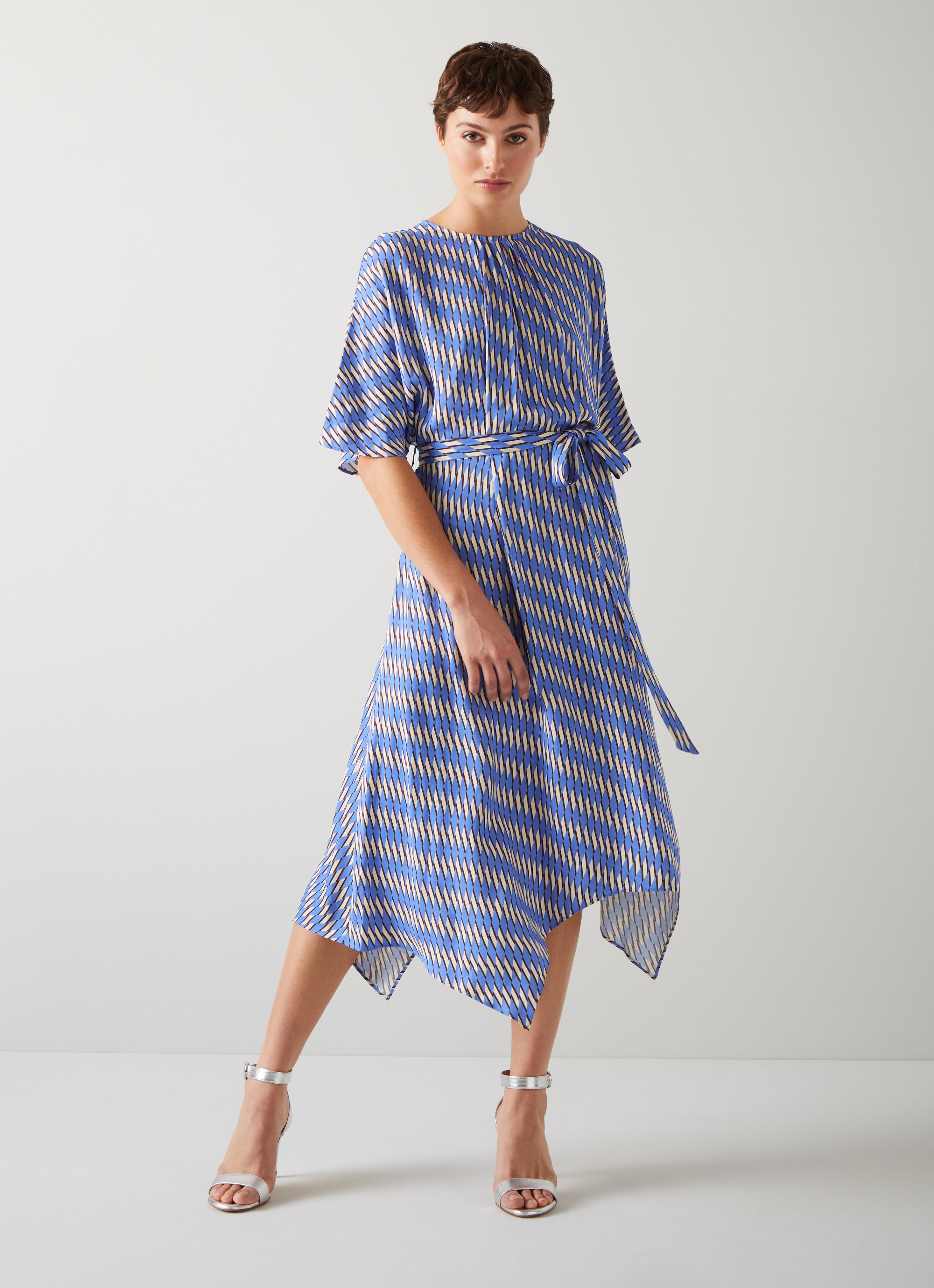 Anni Blue Geometric Print Handkerchief Hem Dress Sale