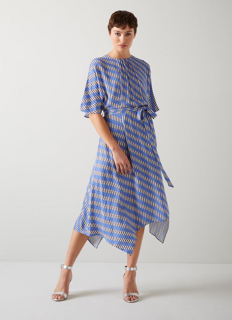 Anni Blue Geometric Print Handkerchief Hem Dress