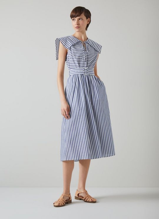 L.K.Bennett Beau Blue and Cream Striped Cotton Sun Dress, Navy Cream