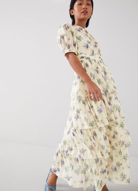 L.K.Bennett Bouvier Petite Bouquet Print Silk Tiered Dress, Cream
