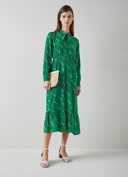 L.K.Bennett Bridget Green Viscose-Silk Monkey Print Dress, Green Cream
